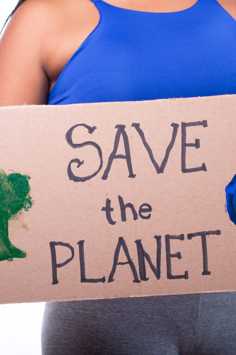 Saving the planet. Brunette woman holding a sign saying save the planet, Isolated on white background. Unknown woman protests for world ecology.